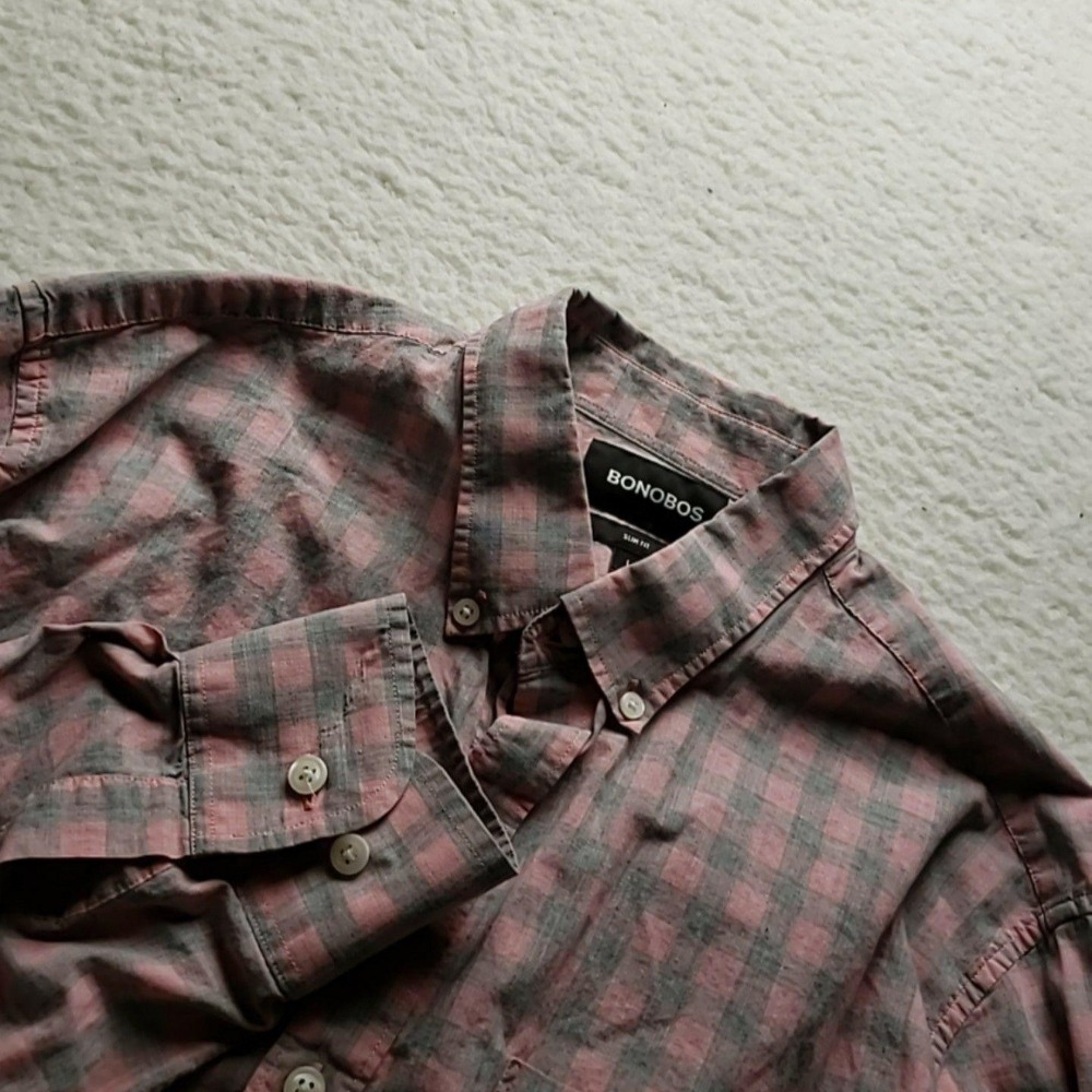 Bonobos Shirt Mens Large Pink Gray Check Long Sleeve Slim Fit Cotton Button-Up